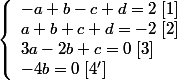 \left\{\begin{array}l -a +b -c +d = 2 \; [1]
 \\  a +b +c +d = -2 \;  [ 2 ]
 \\  3a -2b +c = 0 \; [ 3 ]
 \\ -4b = 0 \; [4' ] \end{array}\right.